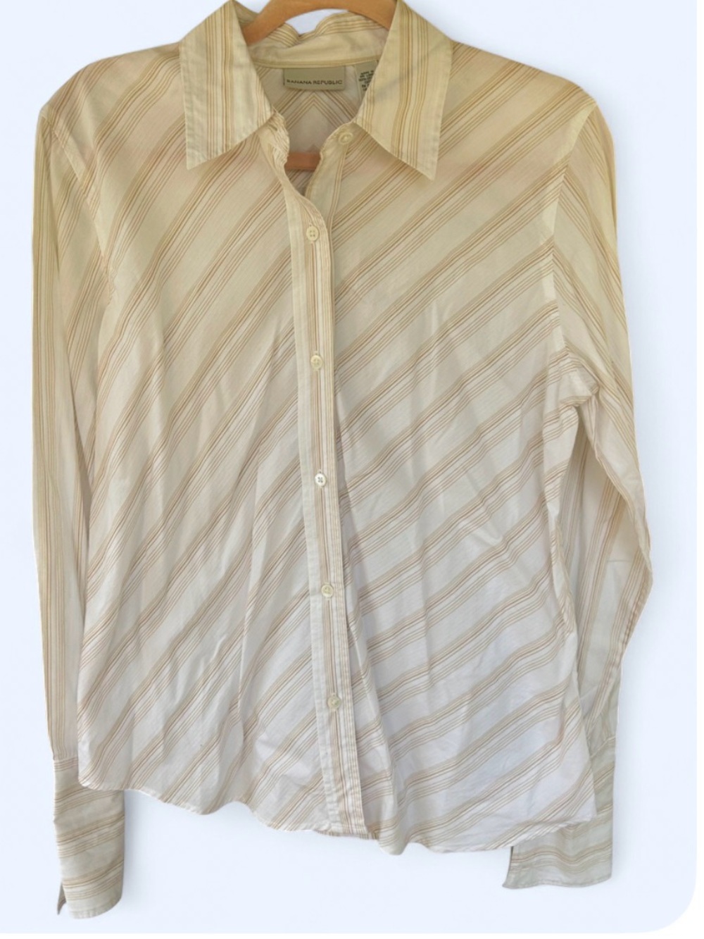Women’s Vintage Banana Republic Beige Striped Button-Up Longsleeve Shirt - Large